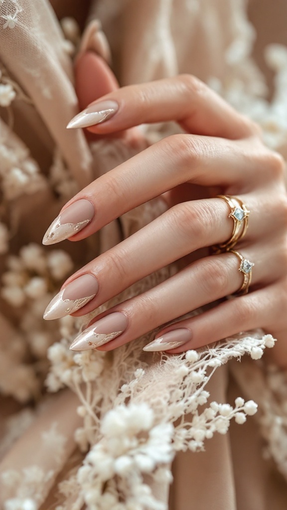 Chic matte nude wedding nails with chrome foil accents and rings