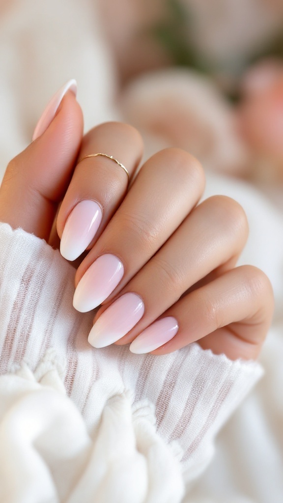 A hand with chic ombre gradient nails in soft pink shades, adorned with a delicate ring.