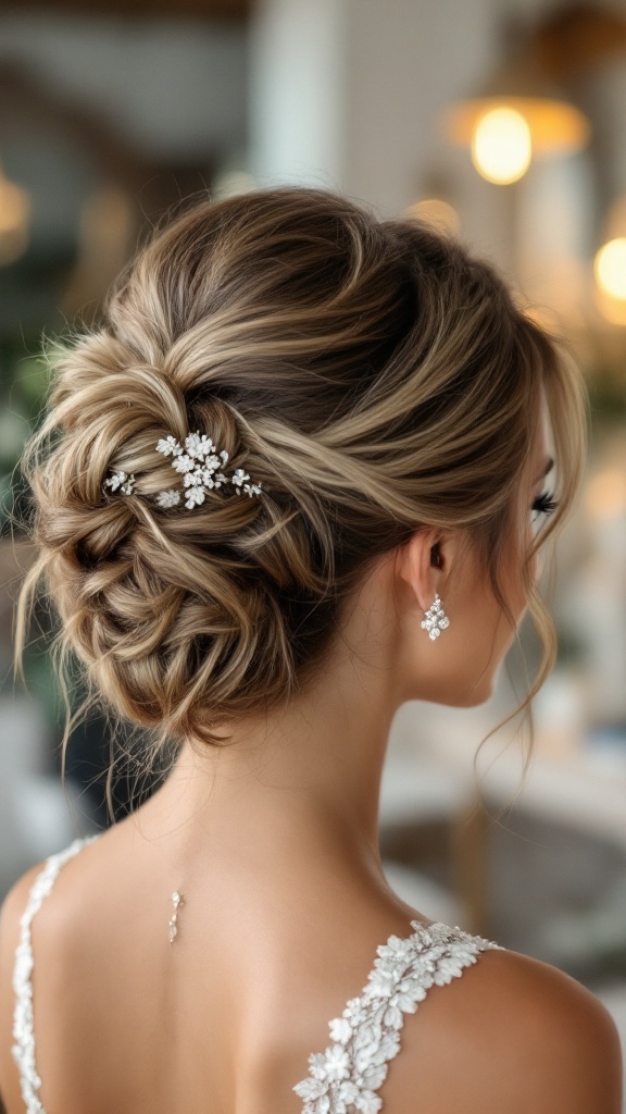 A bride's maid showcasing a chic top knot hairstyle adorned with delicate hair accessories.