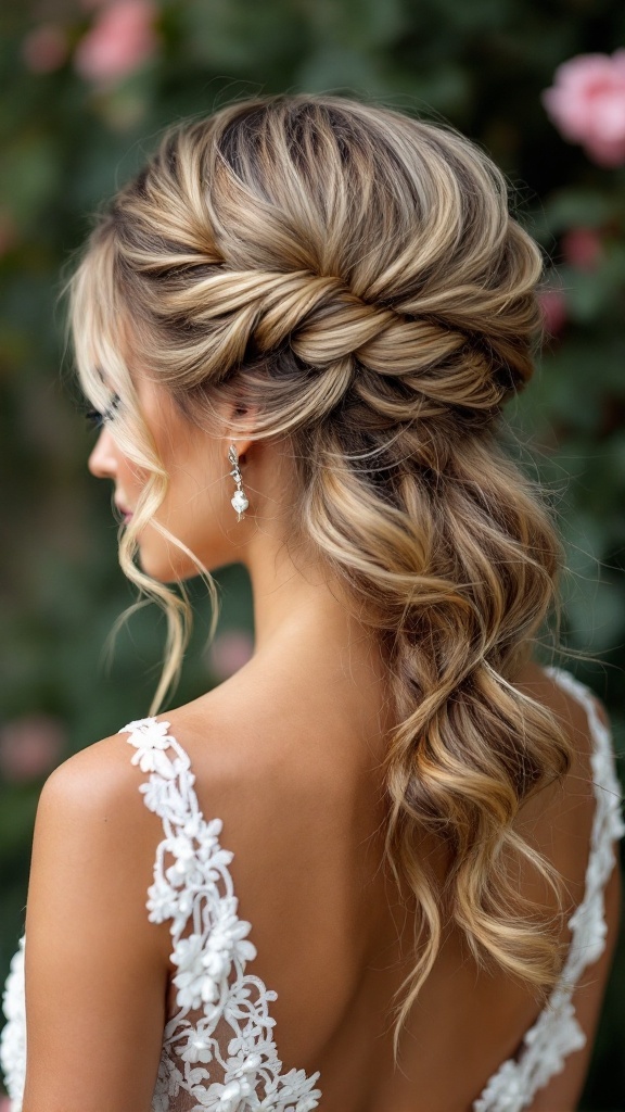 A chic twisted half-up hairstyle featuring a side braid, perfect for bridesmaids.