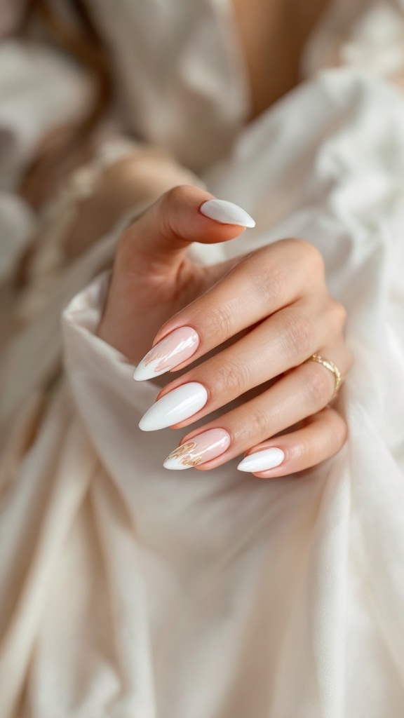 A close-up of elegant white and gold wedding nails in an almond shape