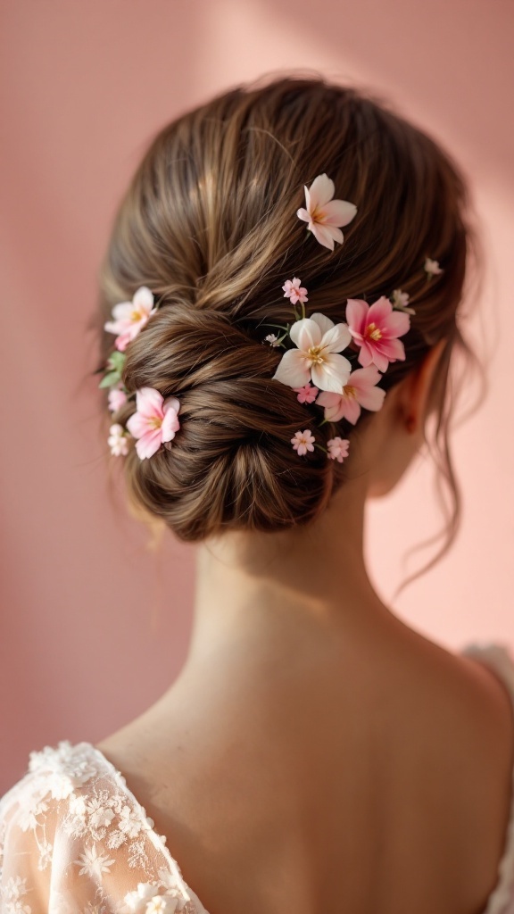 Classic chignon hairstyle with flowers