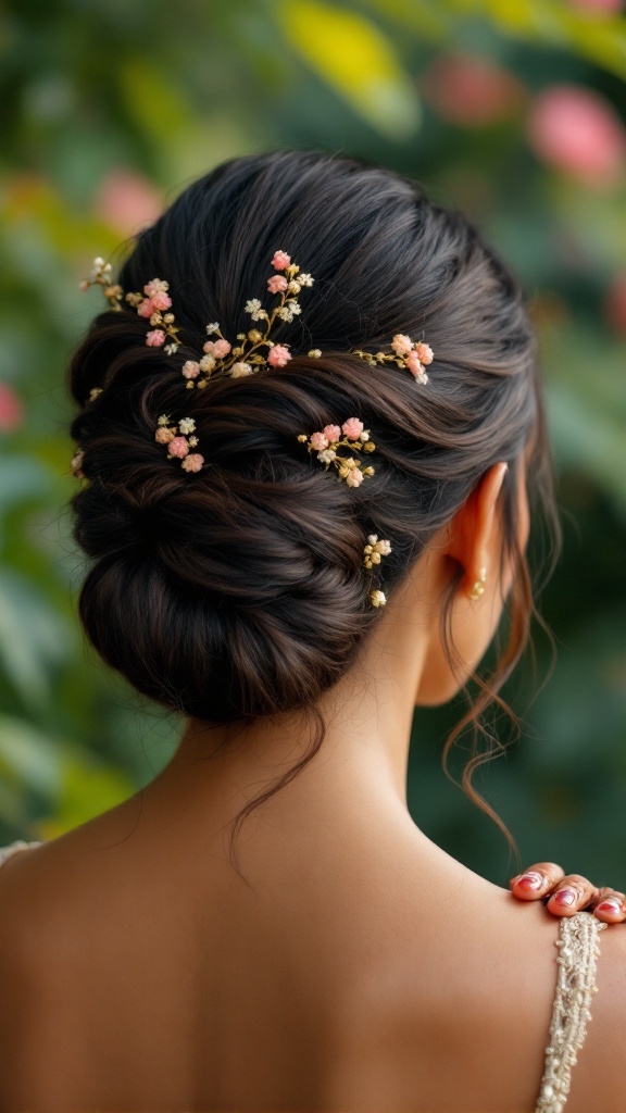 A classic chignon hairstyle adorned with mehndi detailing and floral accents, ideal for bridesmaids.