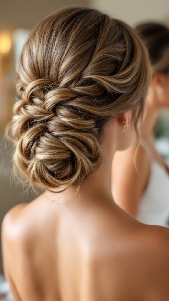 A classic chignon hairstyle with twists, suitable for a junior bridesmaid.