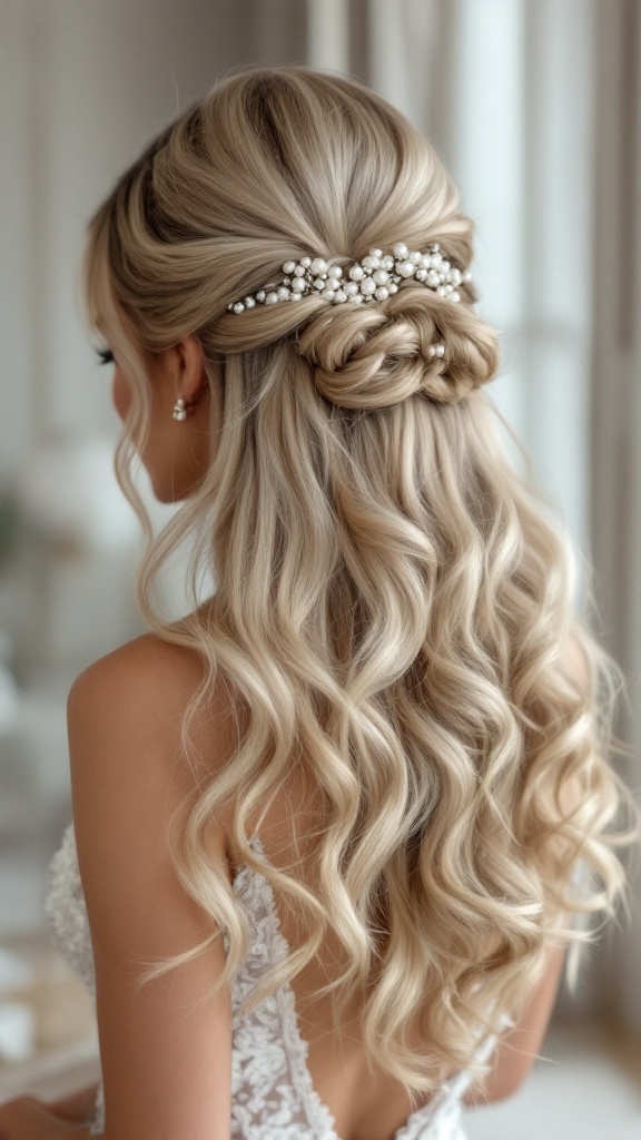 Half-up hairstyle featuring classic curls and pearl accessories