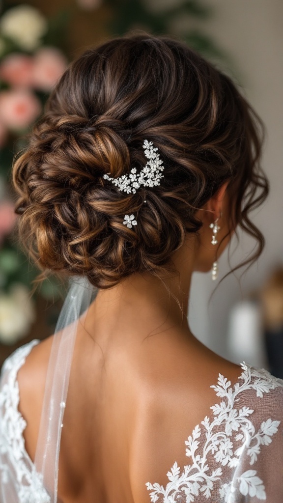 A classic curly updo hairstyle with a veil and decorative hair accessory, suitable for bridesmaids.