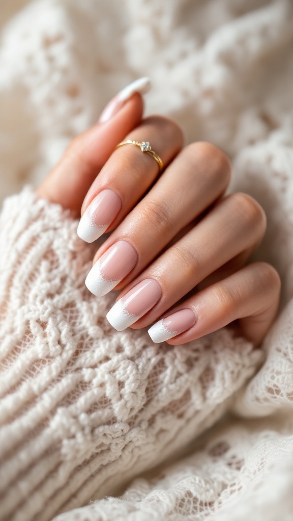 Elegant classic French manicure with glitter tips on well-groomed nails, resting on a lace sweater.