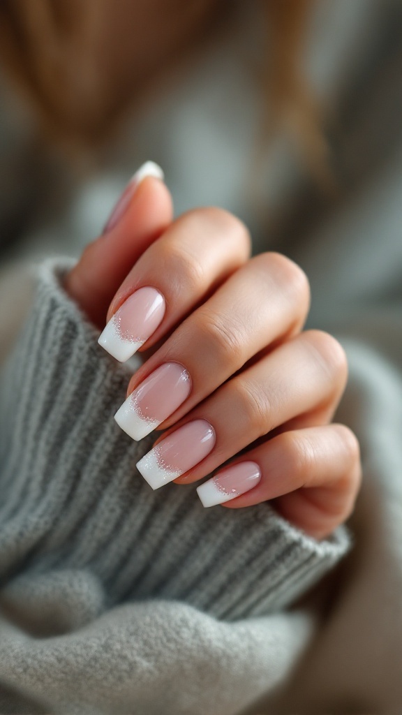 Bridal manicure featuring classic French tips with a sparkling twist