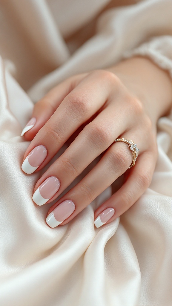Elegant nude wedding nails with classic French tips and a chrome finish.