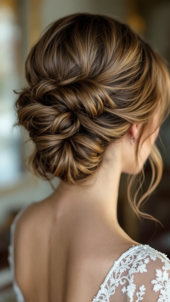 A classic French twist hairstyle for bridesmaid, showcasing elegant twists and soft curls.