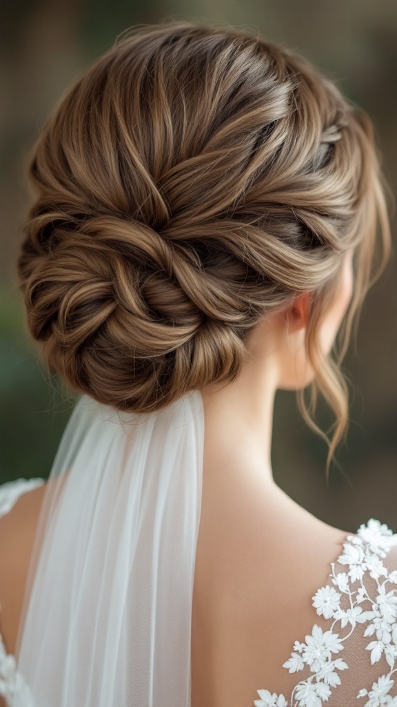 A classic French twist hairstyle for a wedding bridesmaid, featuring soft waves and a veil.