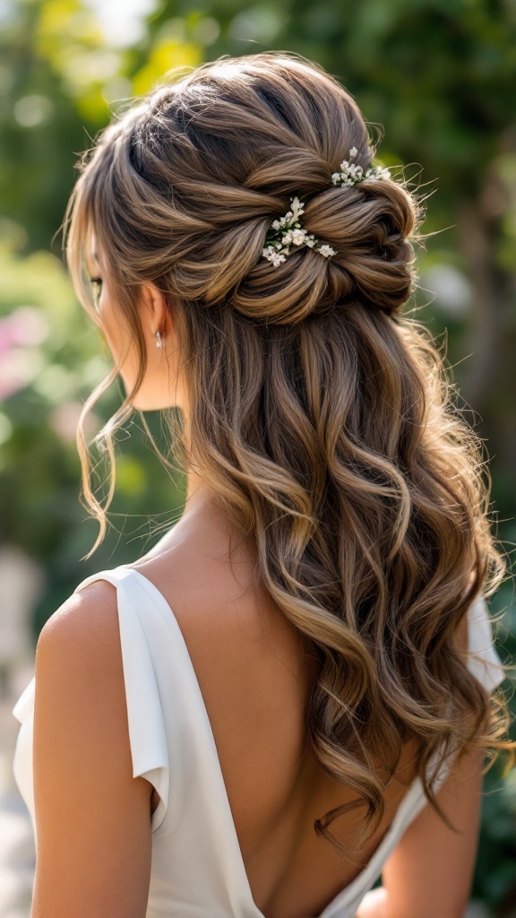 A bridesmaid hairstyle featuring a classic half-up half-down style with curls and floral accessories.