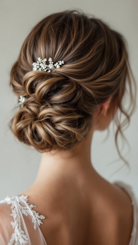 Elegant half-up hairstyle with soft curls and floral accessory for short hair