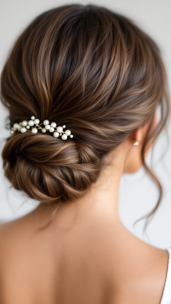 A classic low bun hairstyle adorned with pearl pins, showcasing a sophisticated and elegant look for bridesmaids.