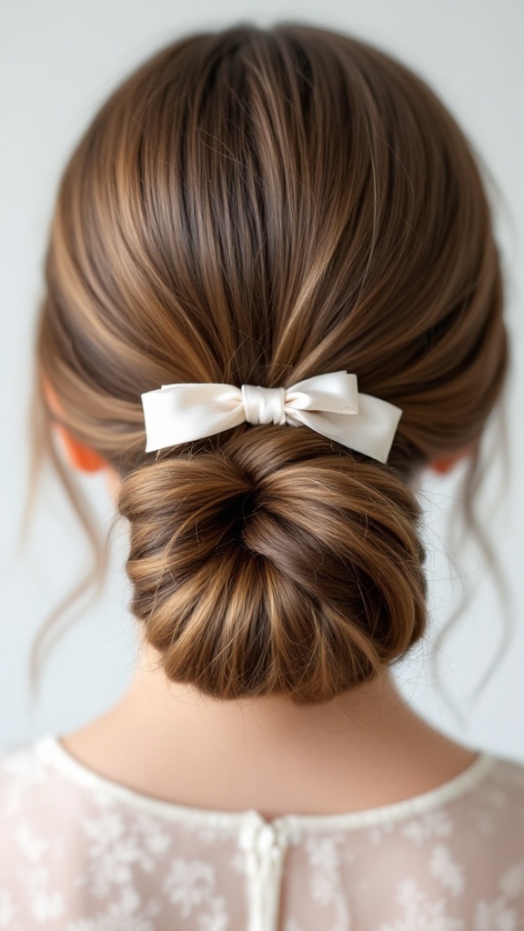 A young girl with a classic low bun hairstyle adorned with a white ribbon