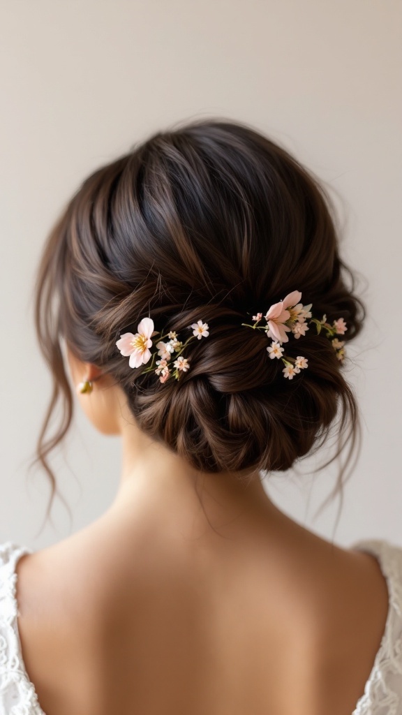 A classic low chignon hairstyle adorned with delicate pink flowers.