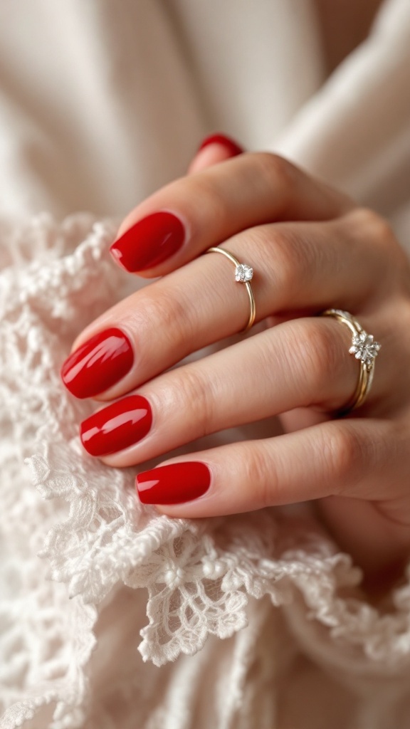 A close-up of hands showing classic red nails on a lace shawl