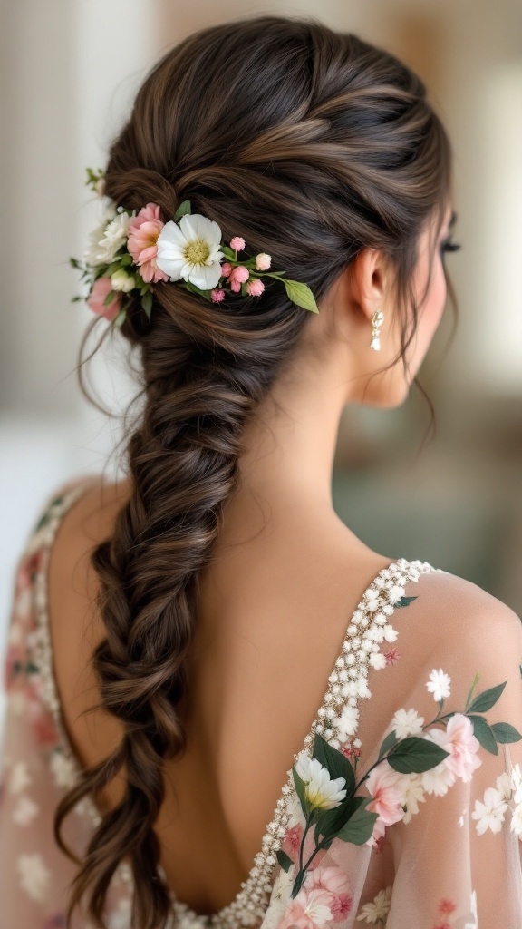 A beautiful side braid hairstyle with floral accents, perfect for an Indian wedding.