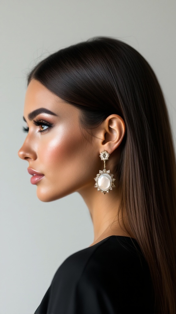 A woman with sleek straight hair and statement earrings, showcasing a refined look.