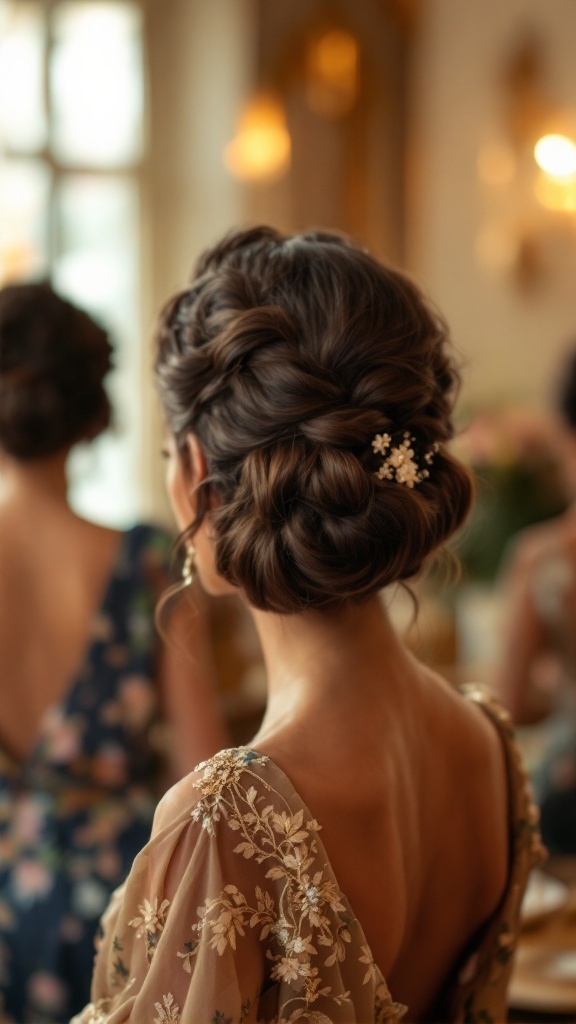 A back view of a bridesmaid's classic twisted half-up hairstyle adorned with vintage accessories.