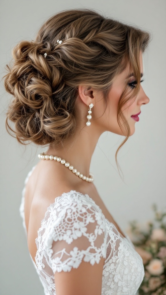 Half up half down bridesmaid hairstyle with classic vintage curls and elegant accessories.