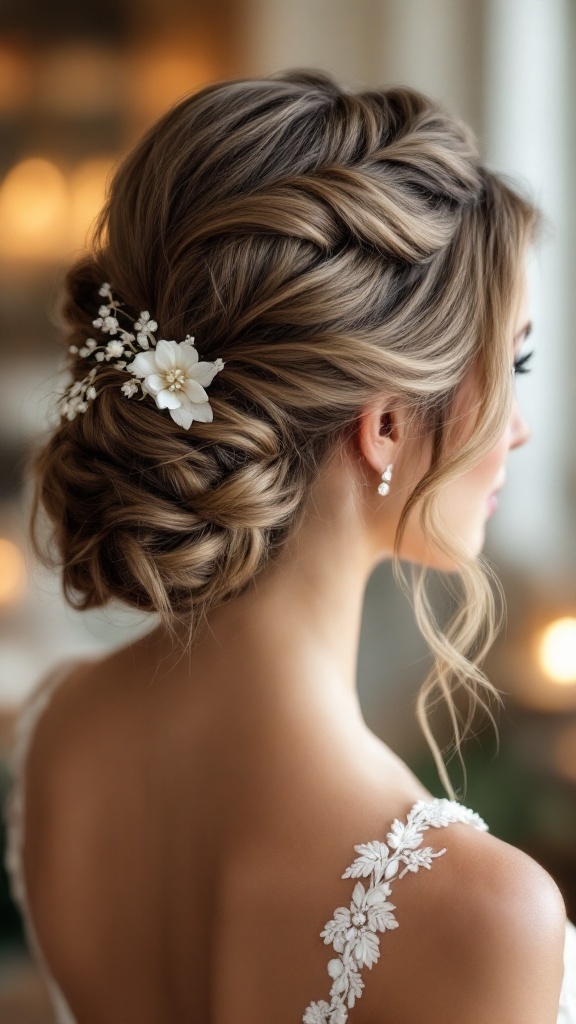Bridesmaid hairstyle featuring classic vintage waves with braids and floral accessory