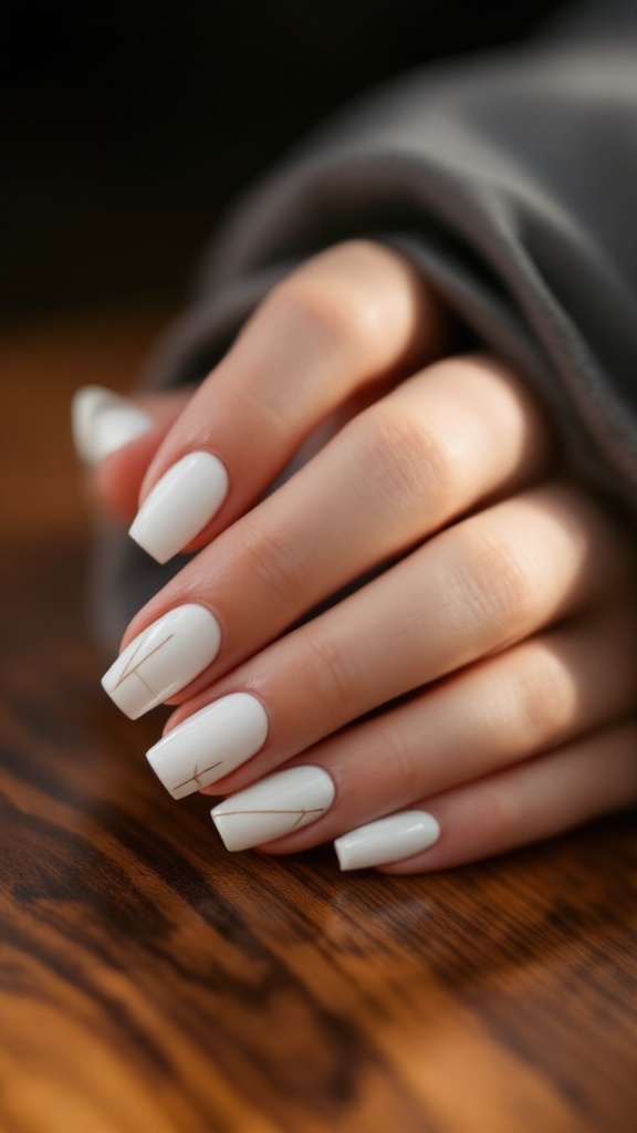 A close-up of hands showing classic white French tip nails with negative space, accessorized with delicate gold rings.