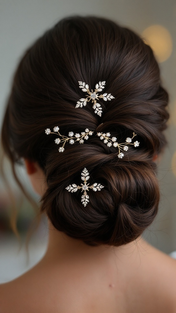 Elegant updo hairstyle adorned with floral hairpins for a bridesmaid at an Indian wedding.