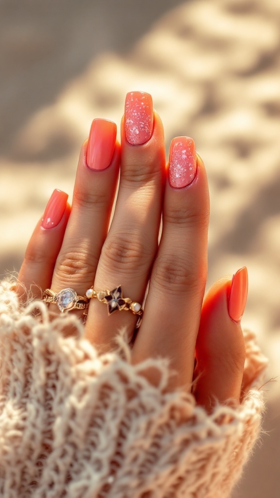 Coral square nails with multi-color glitter, adorned with delicate rings.