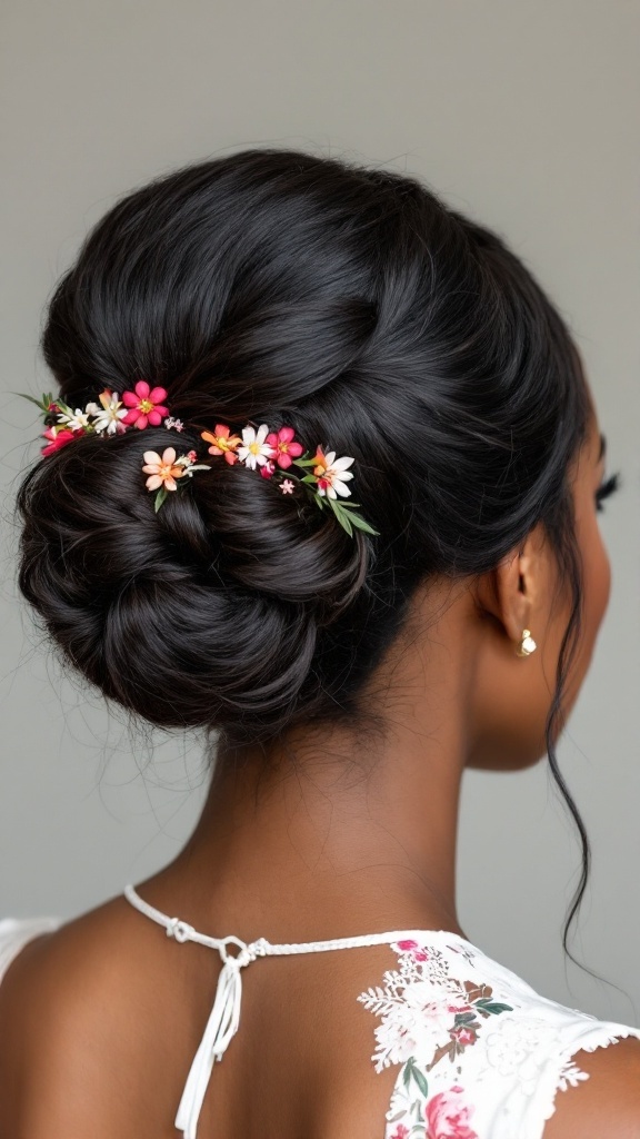 A creative bun hairstyle for short hair featuring colorful flowers.