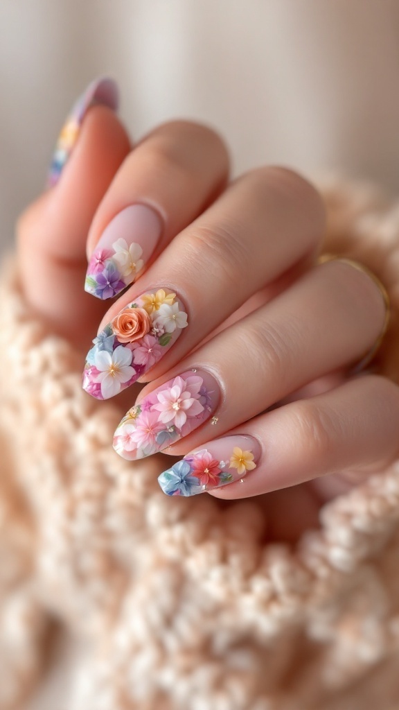 A hand with beautifully designed wedding nails featuring multi-layered 3D flower designs in various colors.