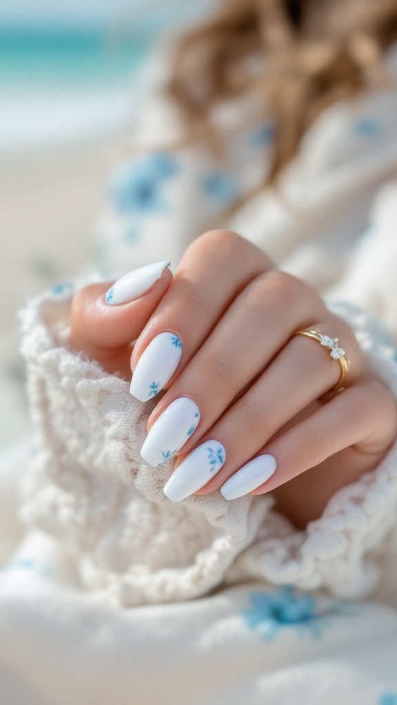 A hand displaying crisp white nails with light blue flower designs, set against a beach background.