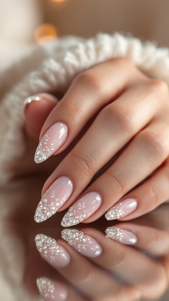 Nails with a soft pink base and sparkling crystal embellishments on the tips