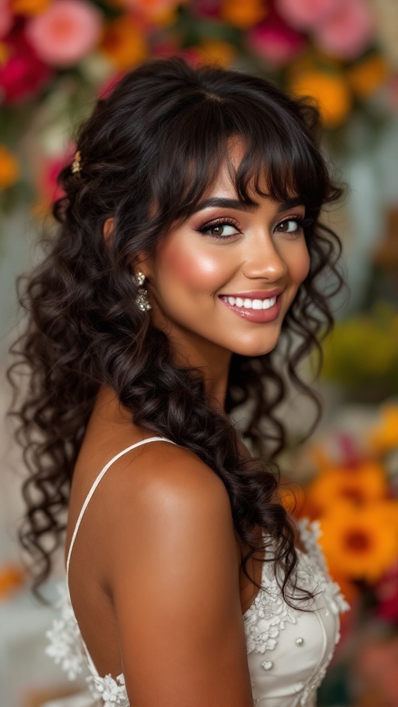 A smiling bride with curly hair and highlighted bangs, wearing a wedding dress.
