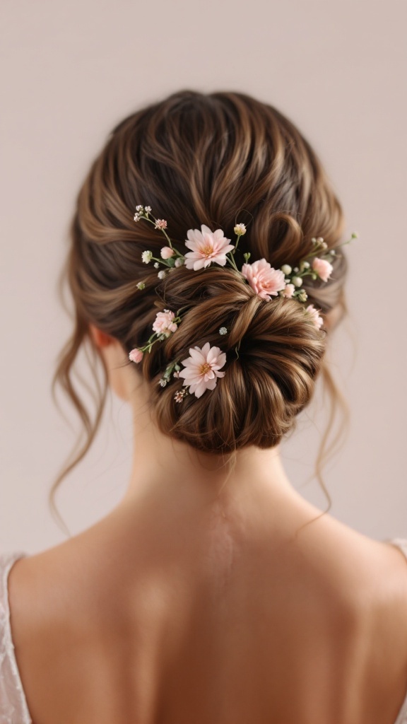 A curly ponytail with fresh flowers, showcasing an elegant wedding hairstyle for bridesmaids.