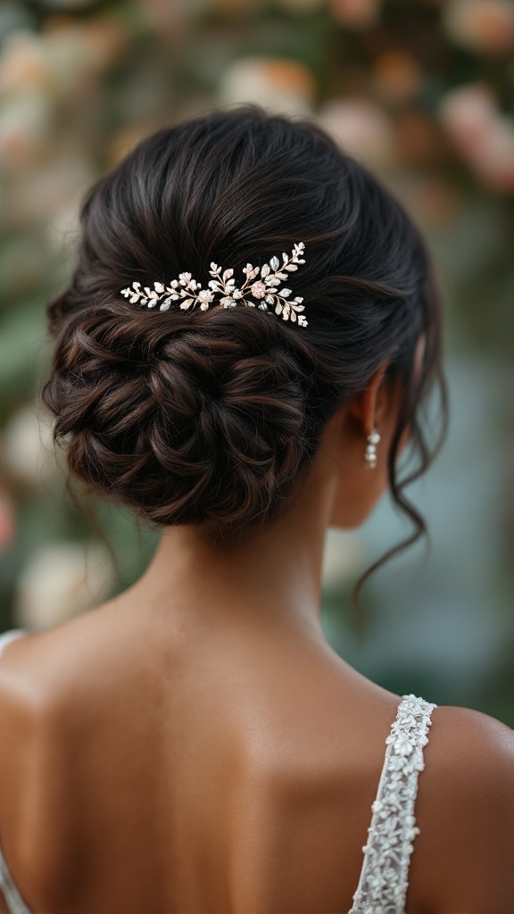Curly updo hairstyle with decorative comb for bridesmaid