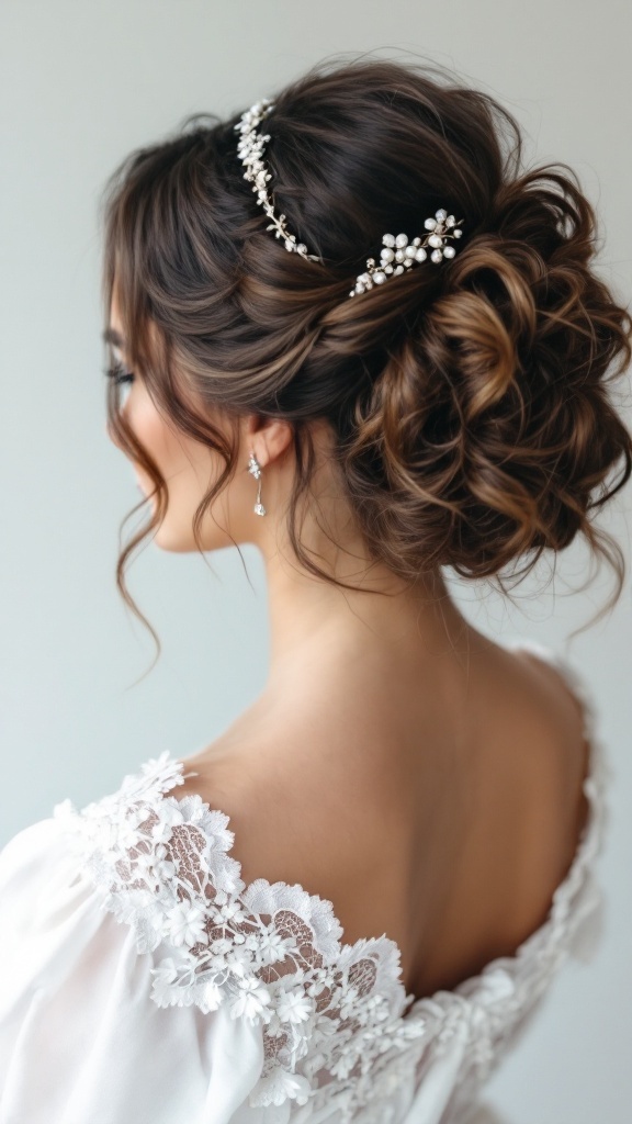 A woman with a curly updo hairstyle adorned with a decorative hairband, showcasing elegant long hair.