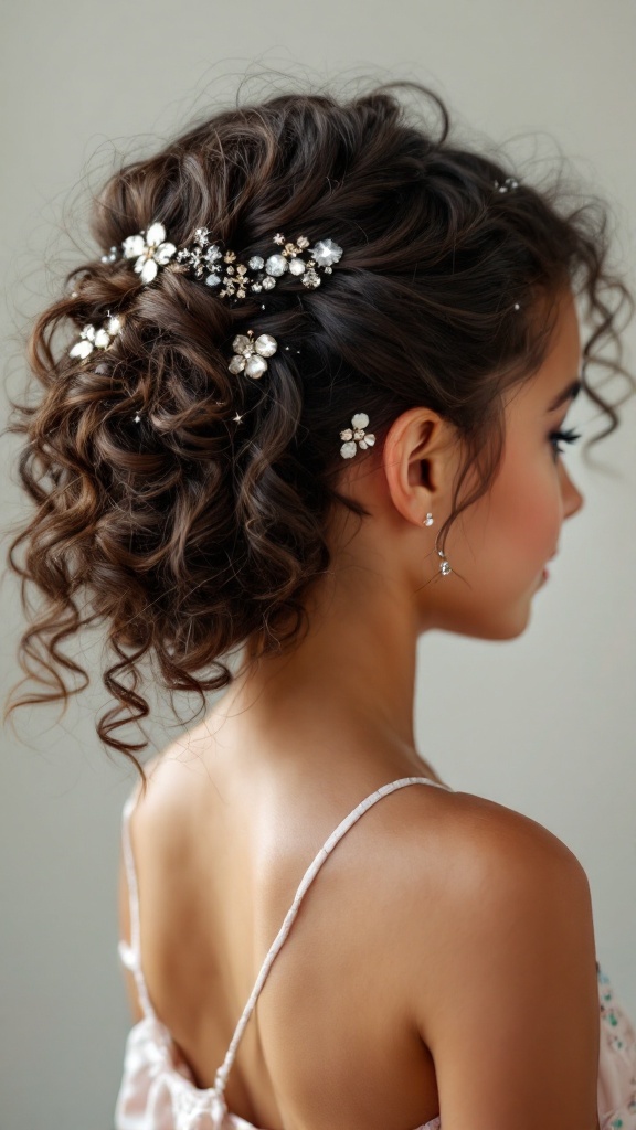 A junior bridesmaid with a curly updo adorned with sparkling accessories, showcasing delicate flowers and elegant curls.