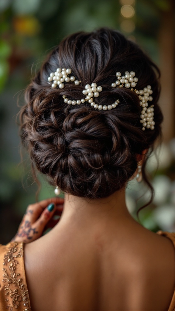 A curly updo hairstyle adorned with pearl accessories, showcasing mehndi designs on the hand.