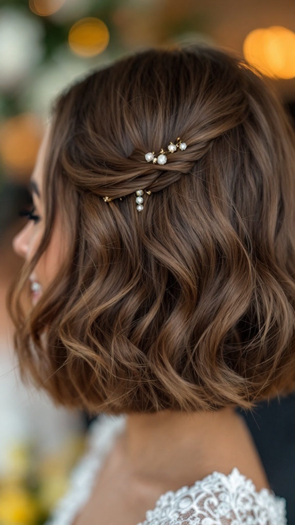 A cute bob hairstyle with soft waves and beaded clips, perfect for a junior bridesmaid.