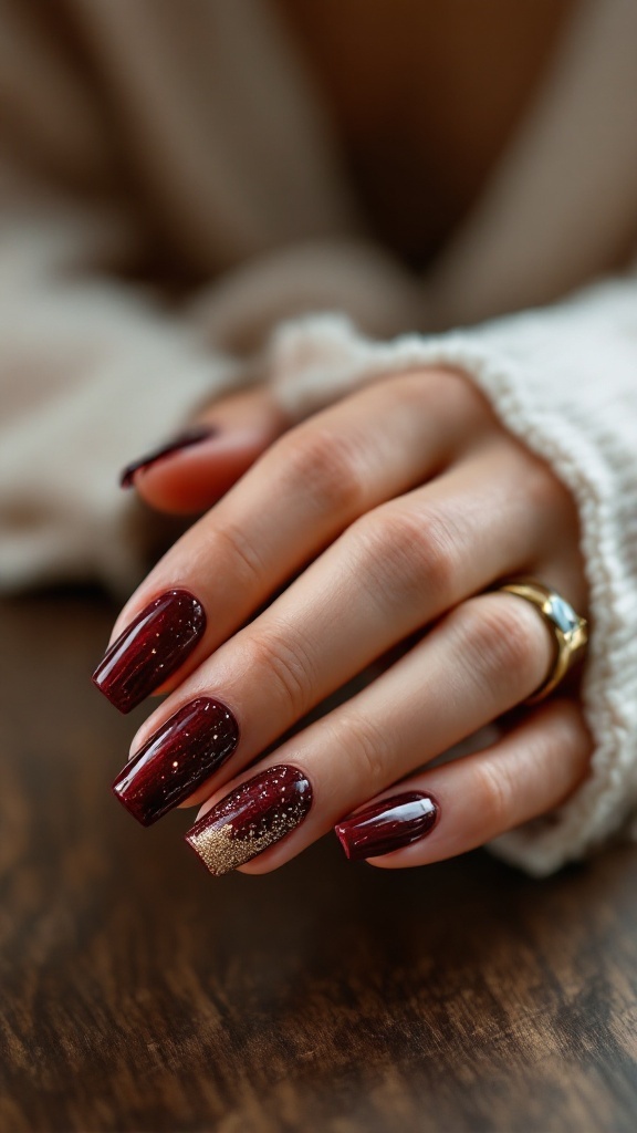 A hand with deep burgundy square nails featuring gold glitter accents.