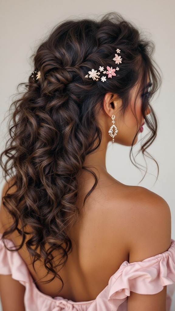 A hairstyle featuring defined curls adorned with floral hairpins, perfect for a bridesmaid at a haldi ceremony.