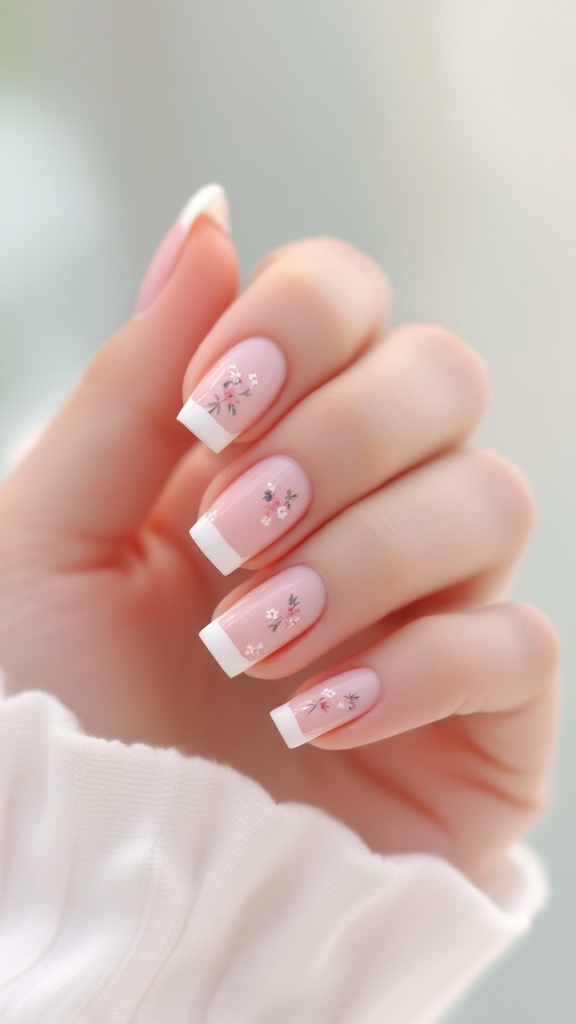 Close-up of a hand with minimalist wedding nails featuring soft pink shades and delicate floral accents, wearing a gold ring.