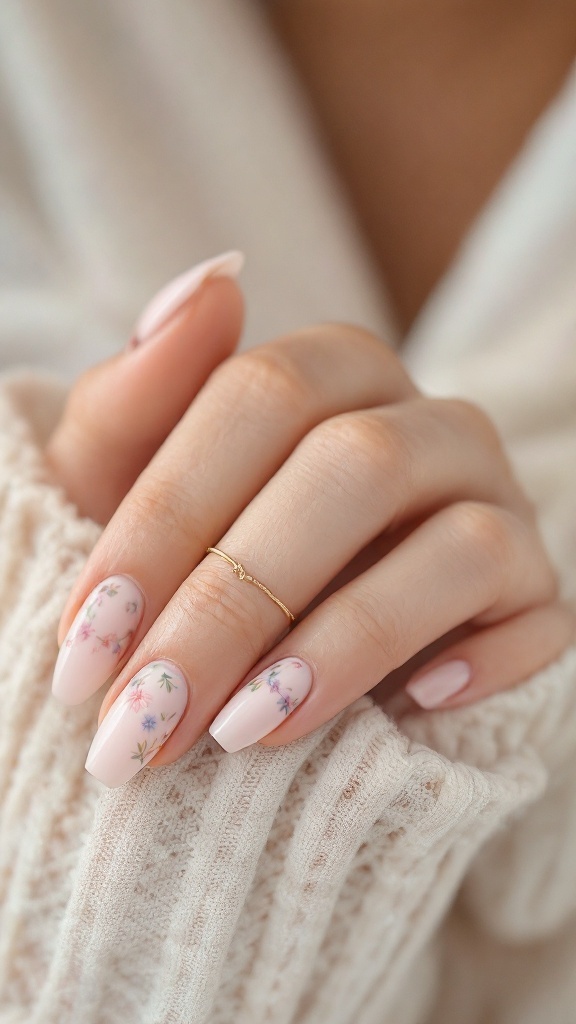 A close-up of manicured nails featuring delicate floral designs in soft pastel colors, complemented by a subtle gold ring.