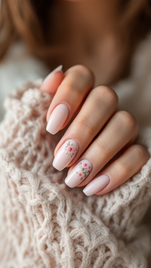 A close-up of delicate floral nail art on manicured nails with a soft pink and green design.