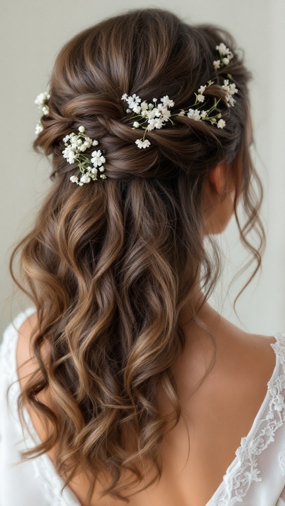 Half up half down bridesmaid hairstyle with curls and white flowers