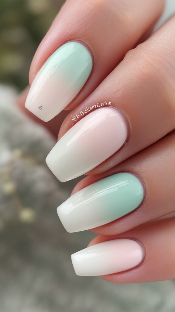 Short wedding nails featuring a lavender to pink ombre design with a subtle sparkle.