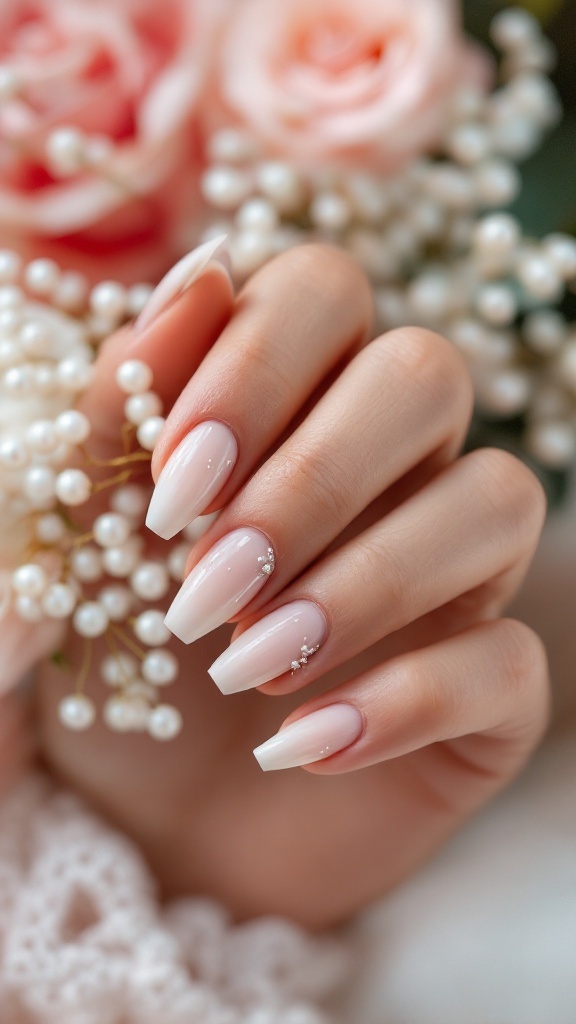 A close-up of a hand with elegantly manicured nails featuring delicate pearl accents, surrounded by roses and pearls.