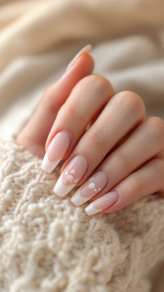 Close-up of a hand with elegantly manicured nails featuring seashell designs on a soft background