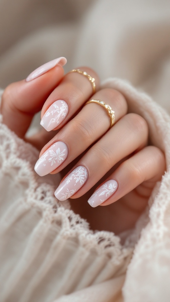 A hand displaying wedding nails featuring delicate white lace designs on a soft pink base, with gold rings.